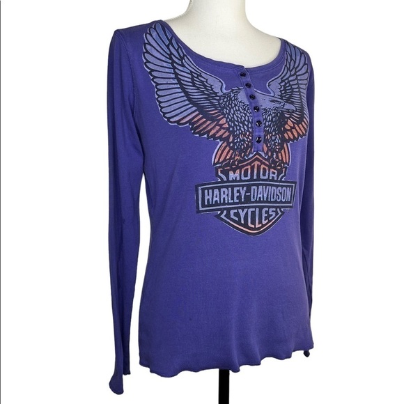 Harley-Davidson Motorcycle Biker Eagle Purple Long Sleeve Shirt - Picture 4 of 9